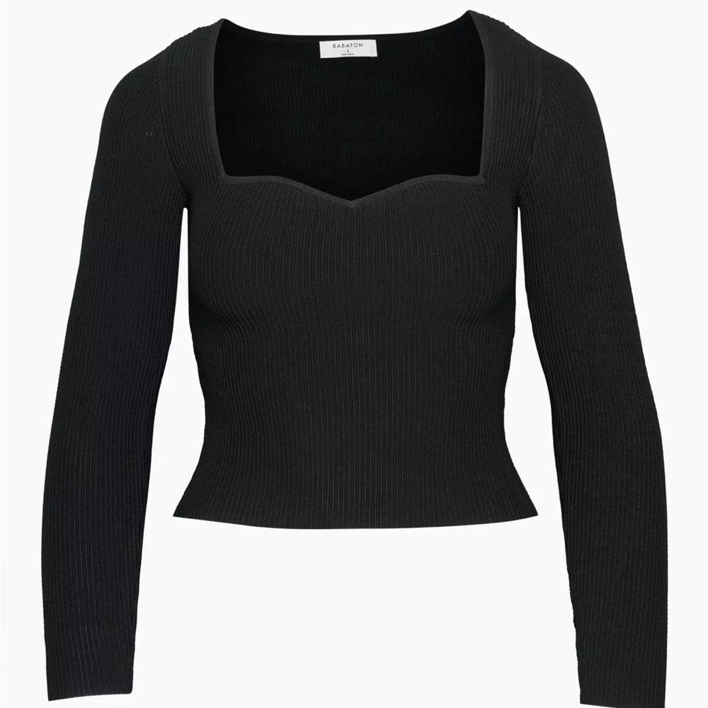 Babaton Black Ribbed Long Sleeve Sweetheart Neck Top